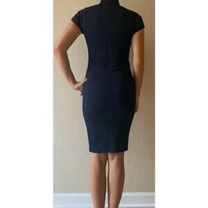 Zara women's M short sleeve navy blue textured bodycon dress mock neck mini